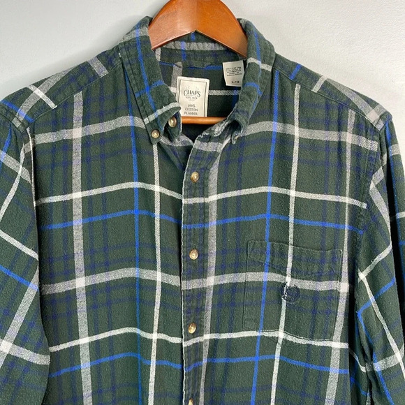 CHAPS Mens Plaid Flannel Button Down Shirt Green Navy Long Sleeve Pocket Logo L - Picture 4 of 14